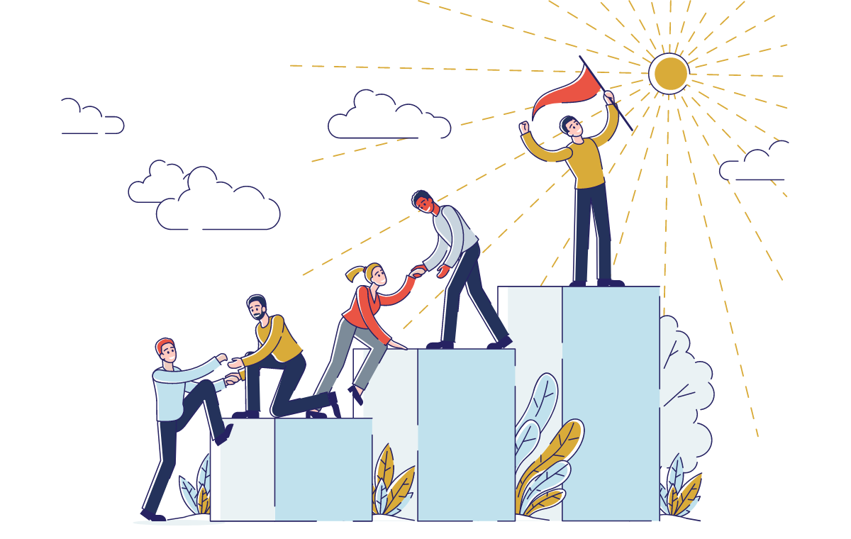 team working together to get all people to the summit