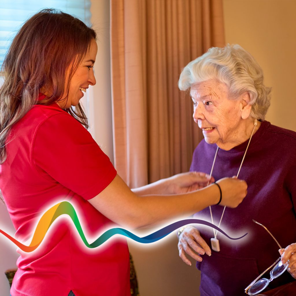rhythms home care caregiver helping senior woman